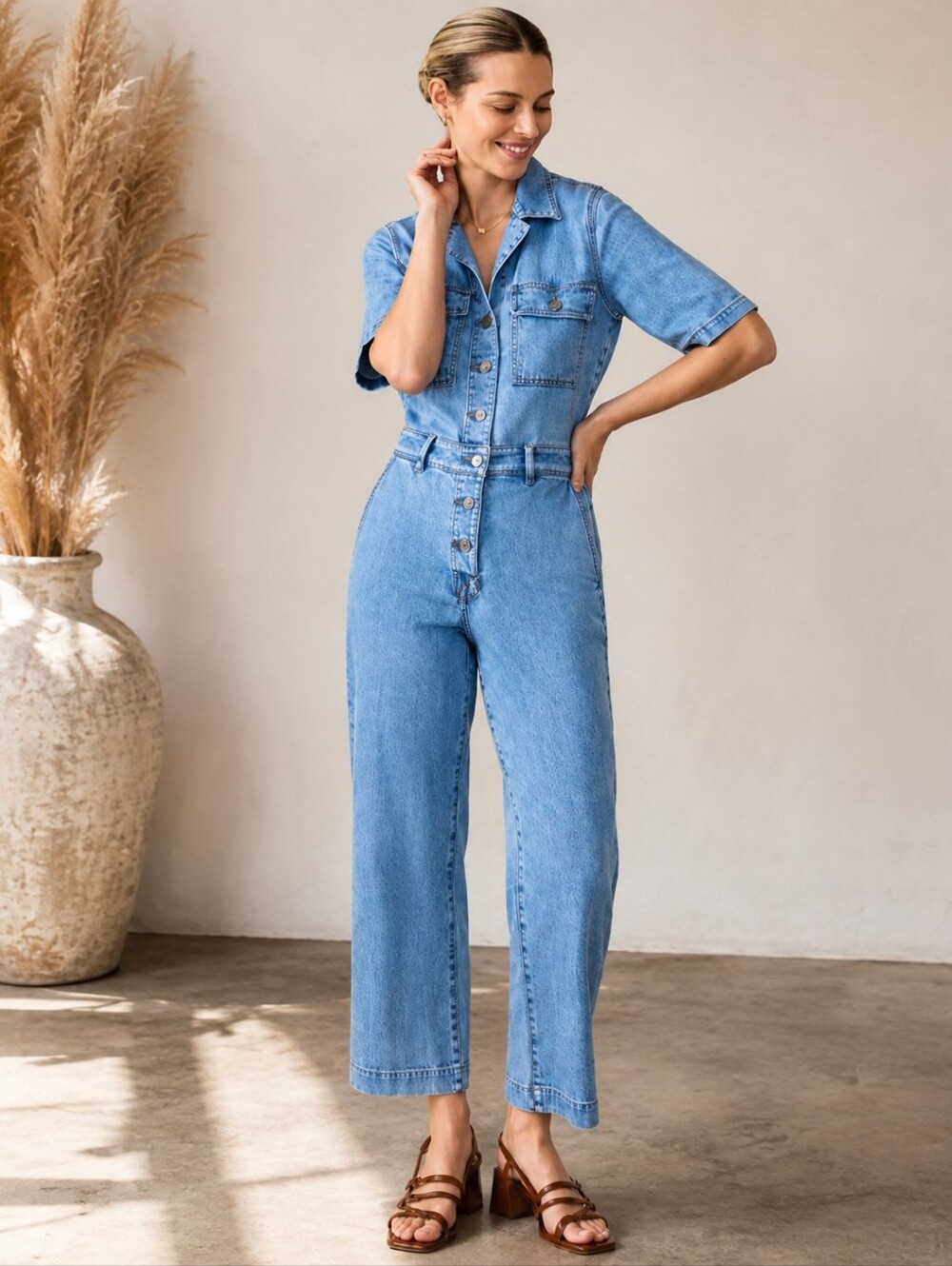 Faherty Short-Sleeve Denim Michelle Jumpsuit - Cloudlight Wash Size 6